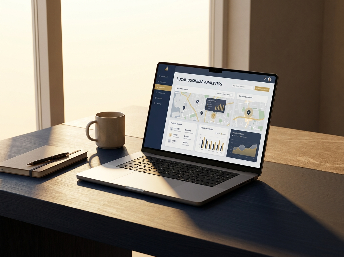 Local business analytics dashboard showing market data and search rankings on a laptop